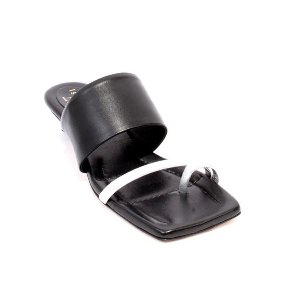 Isabelle 655f Black Leather Elongated Square Toe Slides Sandal